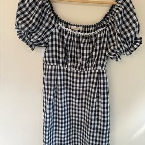 Black and White Gingham Mini Dress with Puff Sleeves
